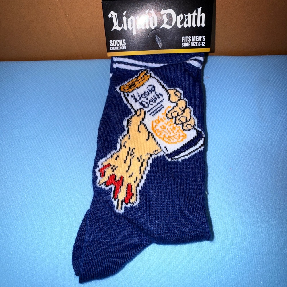 Liquid Death Crew Socks Shoe Size 6-12 NEW Blue Graphic Monster Hand Logo